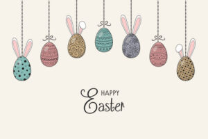 Hanging Easter Eggs With Funny Bunny Ears And Wishes. Vector